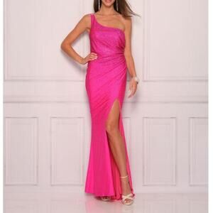 Dave & Johnny Fuschia Pink Asymmetrical One Shoulder Gown High Slit NWT Size 3/4
